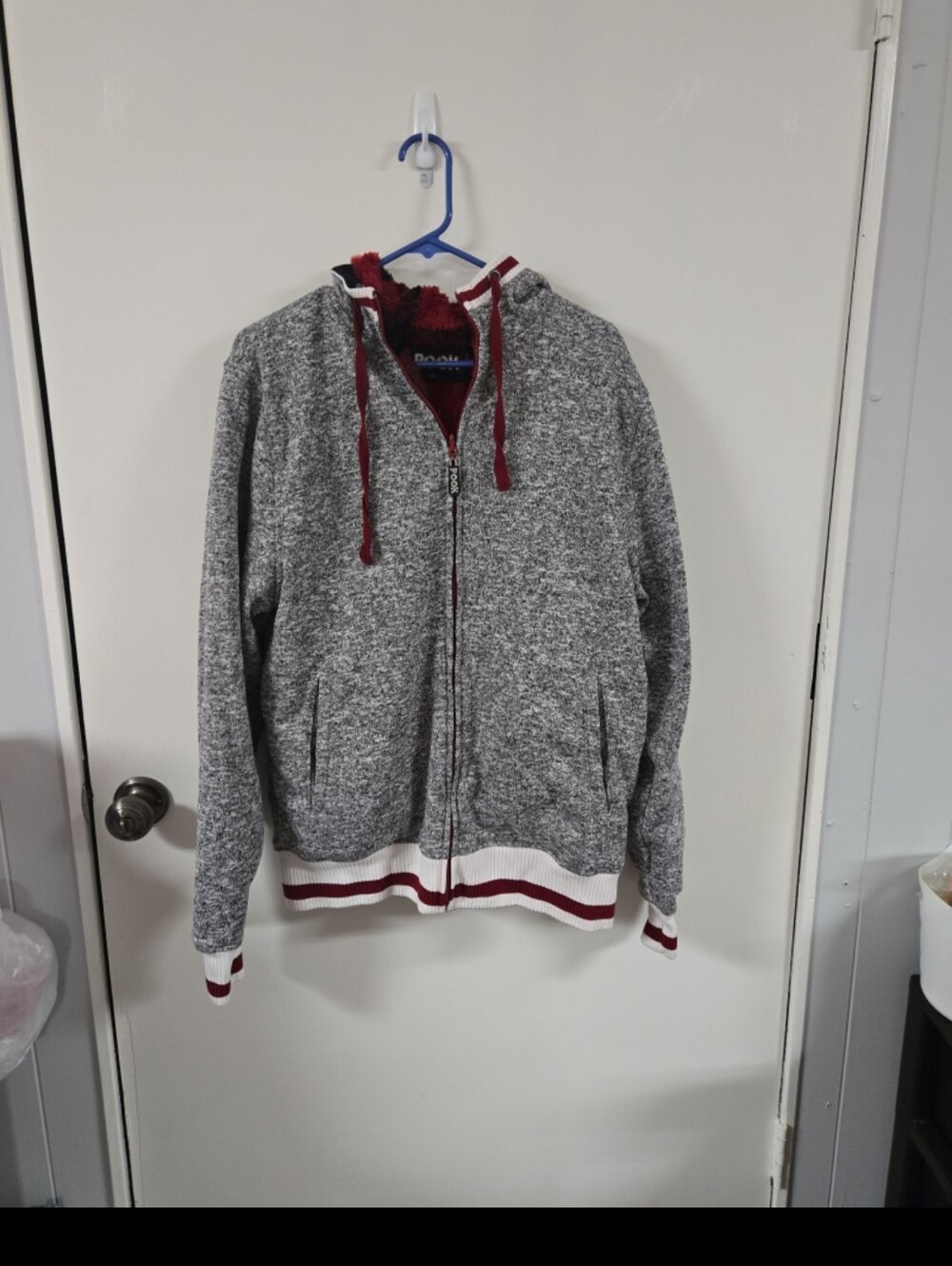 Pook Reversible Hoodie Jacket Sz Medium Zip Up Faux Fur Thumb Holes Gray Red
